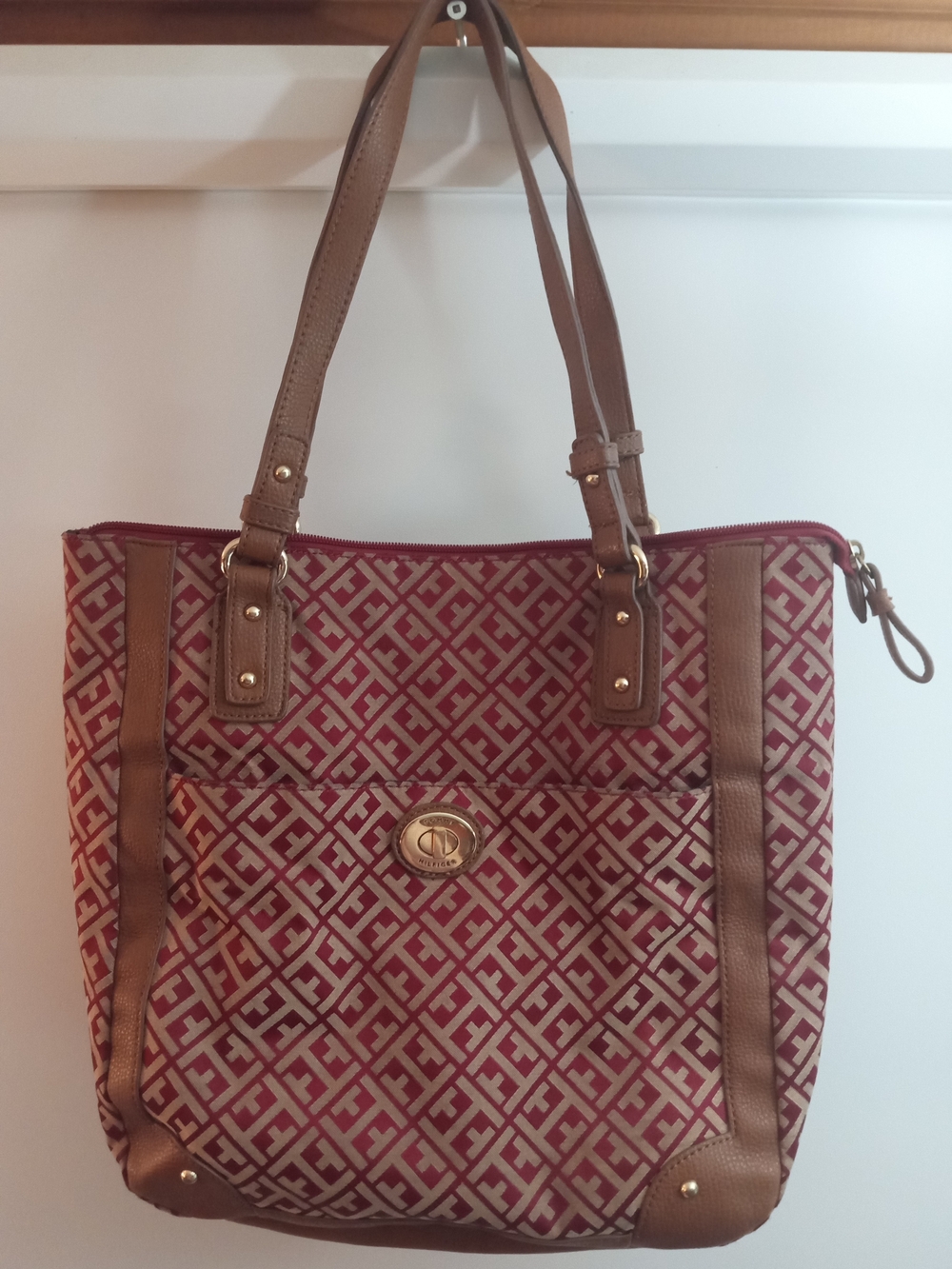Tommy Hilfiger Burgundy & Tan Signature Tote with Turn-Lock